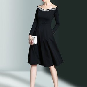 Black off the shoulder lace detail midi dress